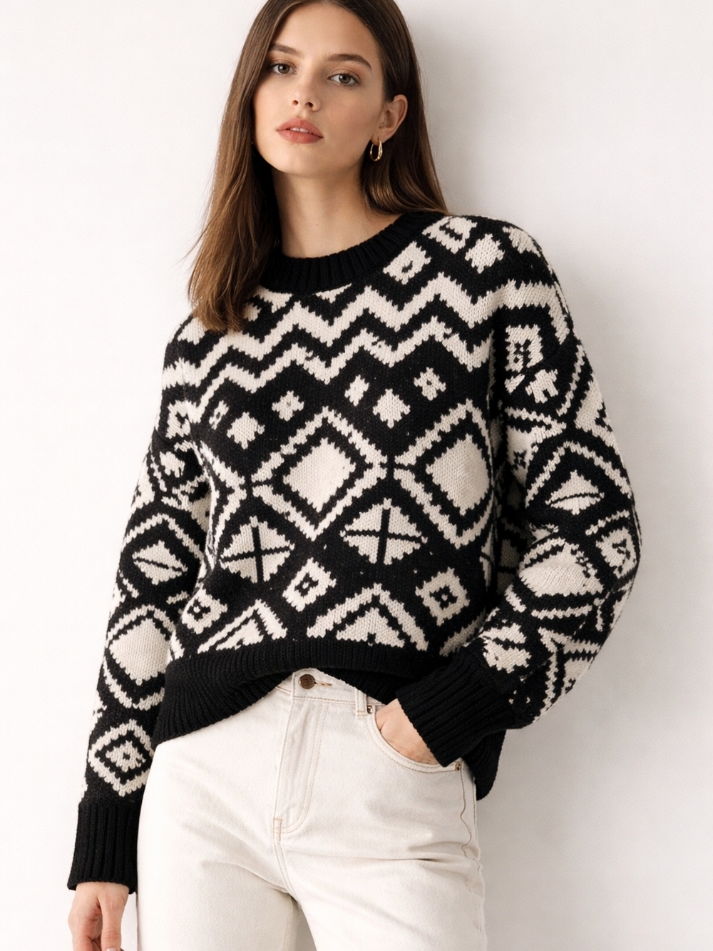 DEVOTED Black & Cream Geometric Knit Sweater - Women's Crewneck